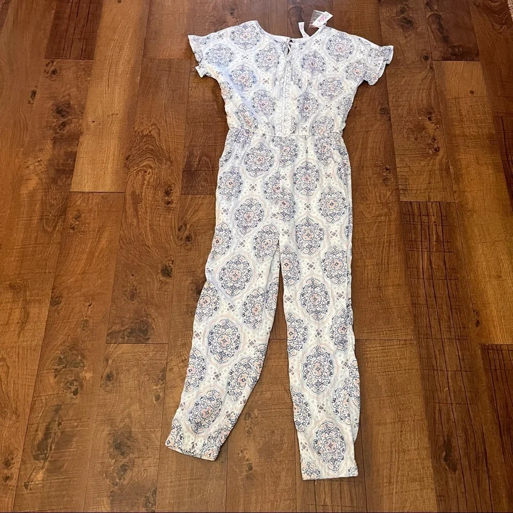 NWT justice girls one piece romper elastic waist tassels Sz 16 blue white